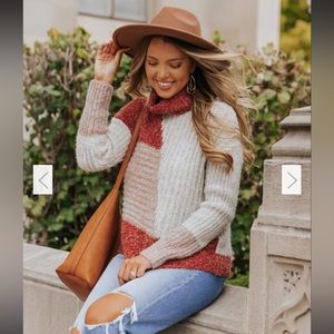 NWT: MYSTREE OATMEAL & RED COLORBLOCK KNIT TURTLENECK SWEATER, SIZE LARGE